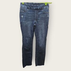 Chicos Pull On Slim Boot Jeans Womens 0R US 4R Dark Wash Distressed Raw Hem Blue